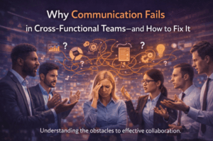 Cross-functional teams communication barriers and collaboration solutions illustration