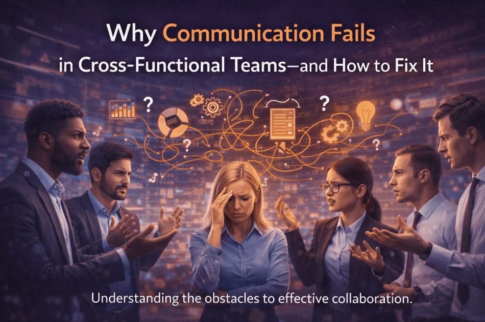 Cross-functional teams communication barriers and collaboration solutions illustration