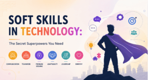 Illustration showing soft skills in technology and human-AI collaboration