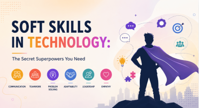 Illustration showing soft skills in technology and human-AI collaboration